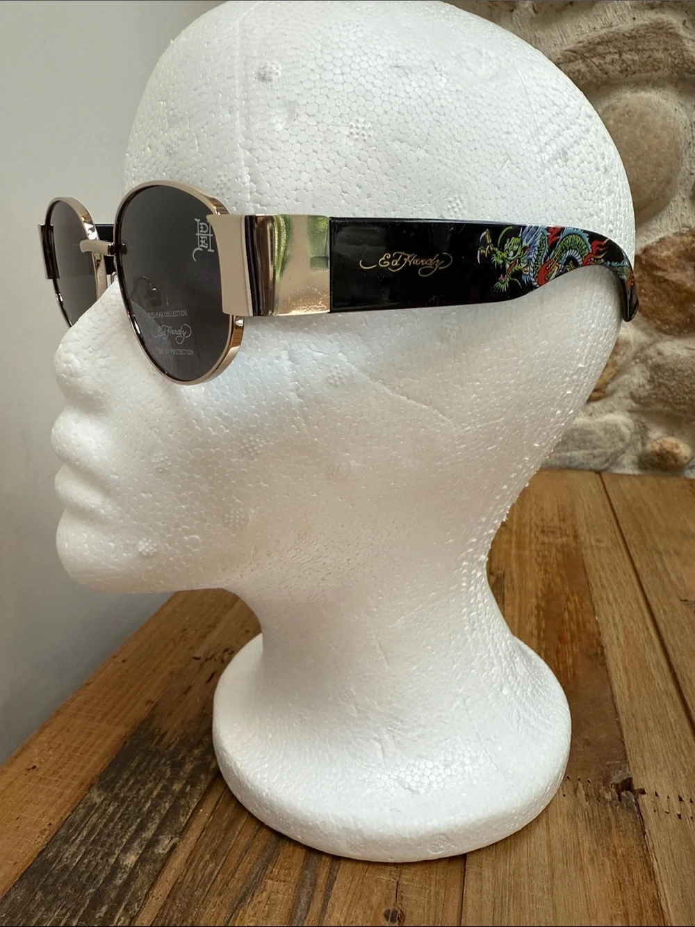 NWT Ed Hardy Gold and Black Sunglasses with Colorful Temple Art